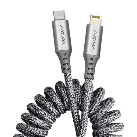VENTEV Chargesync Helix Coiled USB C to Apple Lightning Cable 3ft, Gray HC3-GRY252382